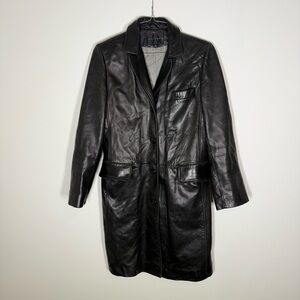 Gallery Black 100% Genuine Leather Long Trench Coat Jacket Size Small Vintage
